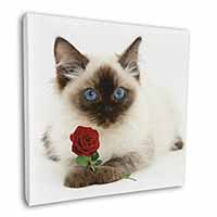 Ragdoll Kitten Cat with Red Rose Square Canvas 12"x12" Wall Art Picture Print