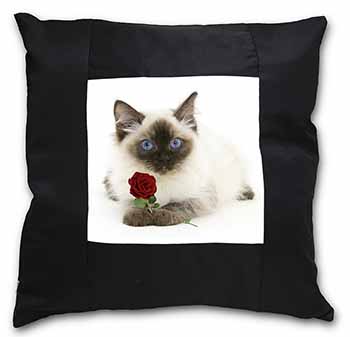 Ragdoll Kitten Cat with Red Rose Black Satin Feel Scatter Cushion