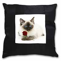 Ragdoll Kitten Cat with Red Rose Black Satin Feel Scatter Cushion