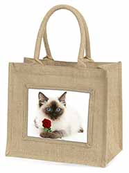 Ragdoll Kitten Cat with Red Rose Natural/Beige Jute Large Shopping Bag