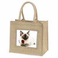 Ragdoll Kitten Cat with Red Rose Natural/Beige Jute Large Shopping Bag