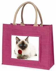 Ragdoll Kitten Cat with Red Rose Large Pink Jute Shopping Bag