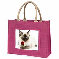 Ragdoll Kitten Cat with Red Rose Large Pink Jute Shopping Bag