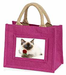 Ragdoll Kitten Cat with Red Rose Little Girls Small Pink Jute Shopping Bag