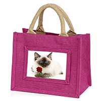 Ragdoll Kitten Cat with Red Rose Little Girls Small Pink Jute Shopping Bag