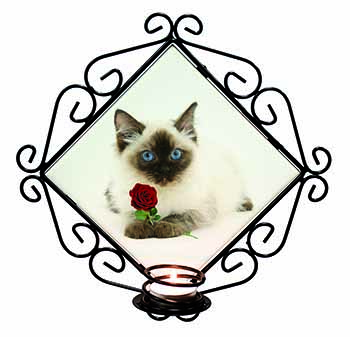 Ragdoll Kitten Cat with Red Rose Wrought Iron Wall Art Candle Holder