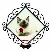 Ragdoll Kitten Cat with Red Rose Wrought Iron Wall Art Candle Holder