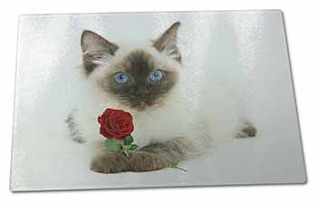 Large Glass Cutting Chopping Board Ragdoll Kitten Cat with Red Rose