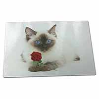 Large Glass Cutting Chopping Board Ragdoll Kitten Cat with Red Rose