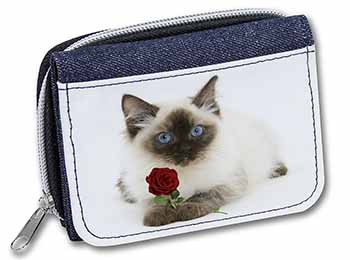 Ragdoll Kitten Cat with Red Rose Unisex Denim Purse Wallet