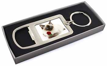 Ragdoll Kitten Cat with Red Rose Chrome Metal Bottle Opener Keyring in Box