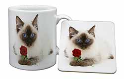 Ragdoll Kitten Cat with Red Rose Mug and Coaster Set