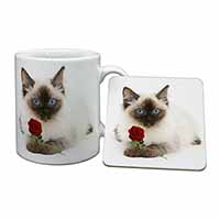 Ragdoll Kitten Cat with Red Rose Mug and Coaster Set