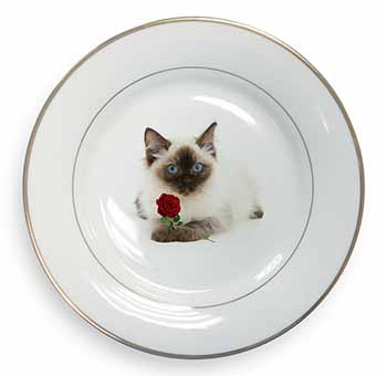 Ragdoll Kitten Cat with Red Rose Gold Rim Plate Printed Full Colour in Gift Box