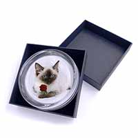 Ragdoll Kitten Cat with Red Rose Glass Paperweight in Gift Box