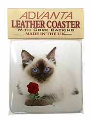 Ragdoll Kitten Cat with Red Rose Single Leather Photo Coaster