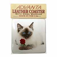 Ragdoll Kitten Cat with Red Rose Single Leather Photo Coaster