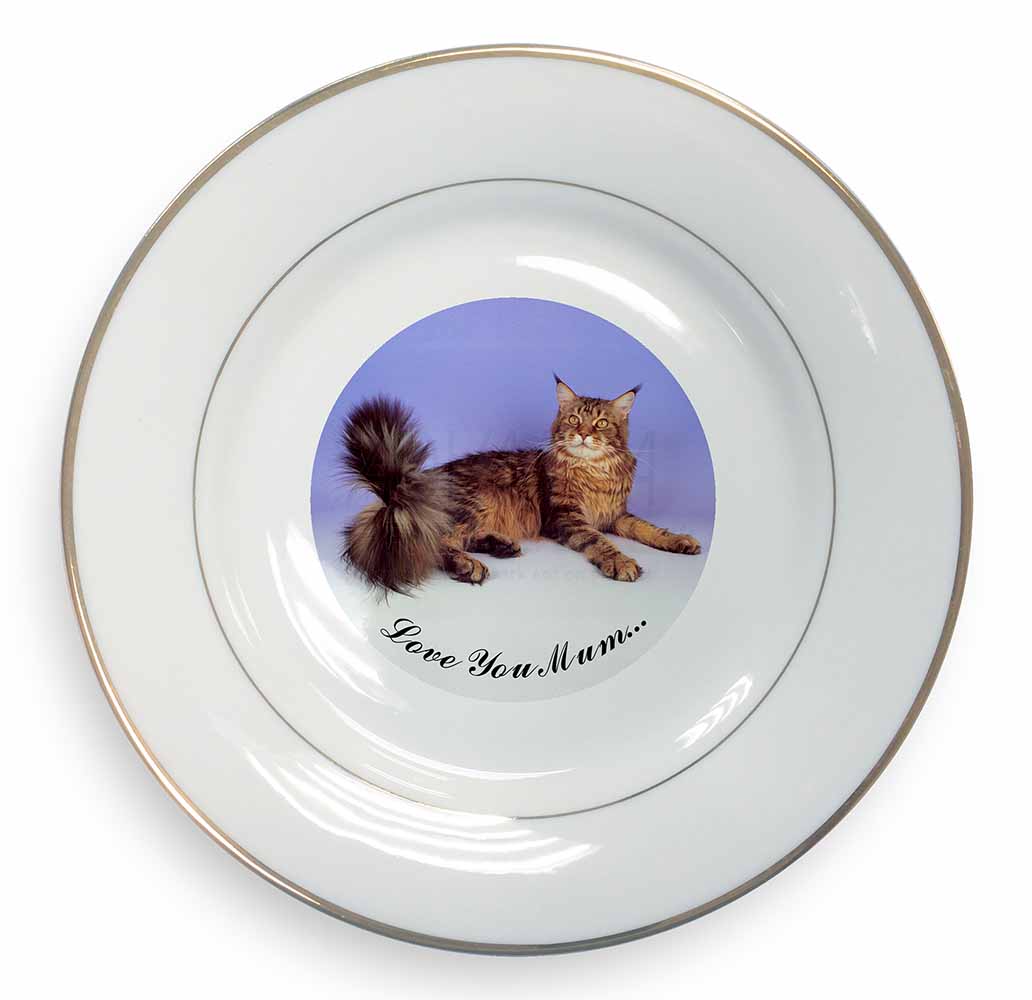 Promotional Maine Coon Cat 'Love You Mum' Gold Rim Plate Printed Full