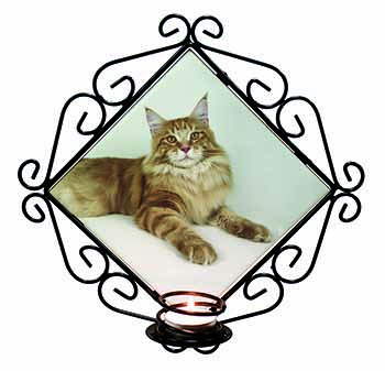 Red Maine Coon Cat Wrought Iron Wall Art Candle Holder