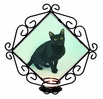 Pretty Black Bombay Cat Wrought Iron Wall Art Candle Holder