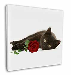 Black Kitten with Red Rose Square Canvas 12"x12" Wall Art Picture Print