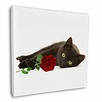 Black Kitten with Red Rose Square Canvas 12"x12" Wall Art Picture Print