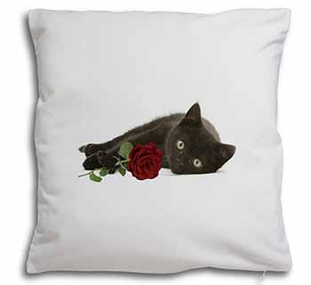 Black Kitten with Red Rose Soft White Velvet Feel Scatter Cushion