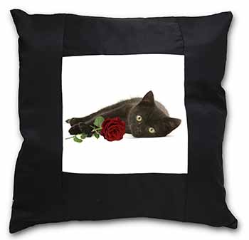 Black Kitten with Red Rose Black Satin Feel Scatter Cushion