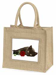 Black Kitten with Red Rose Natural/Beige Jute Large Shopping Bag