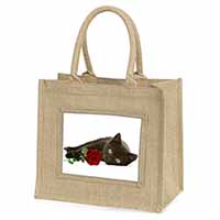 Black Kitten with Red Rose Natural/Beige Jute Large Shopping Bag