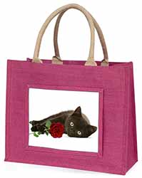 Black Kitten with Red Rose Large Pink Jute Shopping Bag