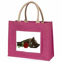 Black Kitten with Red Rose Large Pink Jute Shopping Bag