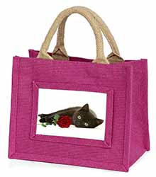 Black Kitten with Red Rose Little Girls Small Pink Jute Shopping Bag