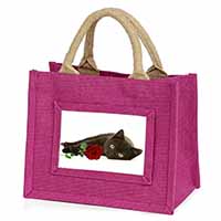 Black Kitten with Red Rose Little Girls Small Pink Jute Shopping Bag