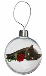 Black Kitten with Red Rose Christmas Bauble