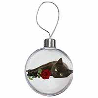 Black Kitten with Red Rose Christmas Bauble