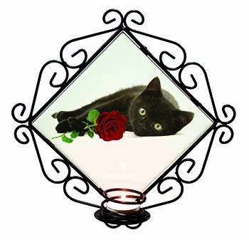 Black Kitten with Red Rose Wrought Iron Wall Art Candle Holder