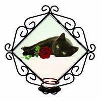 Black Kitten with Red Rose Wrought Iron Wall Art Candle Holder