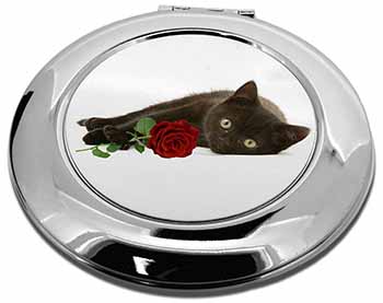 Black Kitten with Red Rose Make-Up Round Compact Mirror