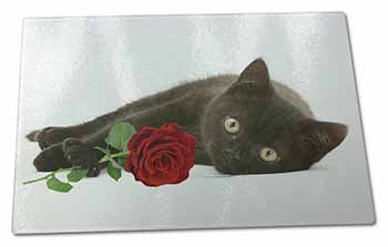 Large Glass Cutting Chopping Board Black Kitten with Red Rose