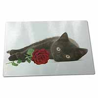 Large Glass Cutting Chopping Board Black Kitten with Red Rose