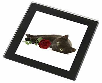 Black Kitten with Red Rose Black Rim High Quality Glass Coaster