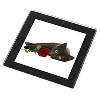 Black Kitten with Red Rose Black Rim High Quality Glass Coaster