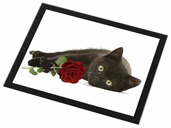 Black Kitten with Red Rose Black Rim High Quality Glass Placemat