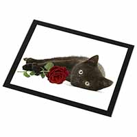 Black Kitten with Red Rose Black Rim High Quality Glass Placemat