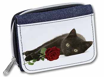 Black Kitten with Red Rose Unisex Denim Purse Wallet