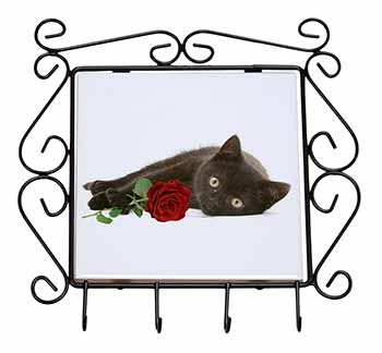 Black Kitten with Red Rose Wrought Iron Key Holder Hooks