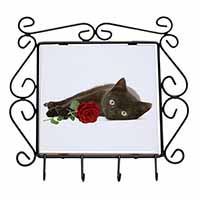 Black Kitten with Red Rose Wrought Iron Key Holder Hooks