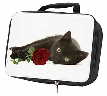 Black Kitten with Red Rose Black Insulated School Lunch Box/Picnic Bag