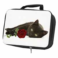 Black Kitten with Red Rose Black Insulated School Lunch Box/Picnic Bag